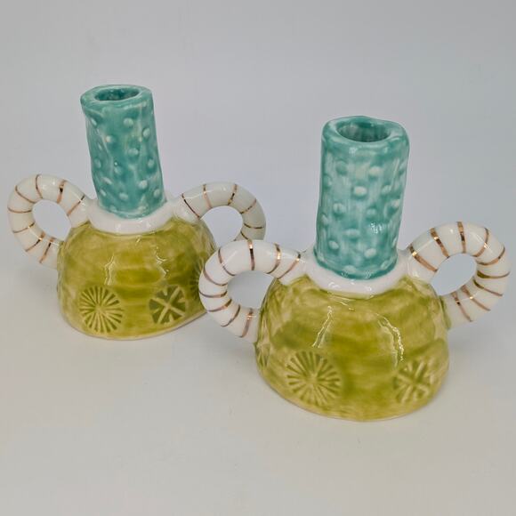 Artisan Stoneware Taper Candle Holders Dual Handles Whimsical Teal Lime Gold Set - Picture 1 of 12